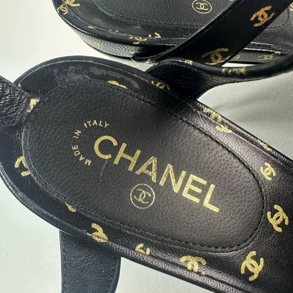 CHANEL 2023 All Over Interlocking CC Logo Black Heels Size 38 Platform Cap Toe